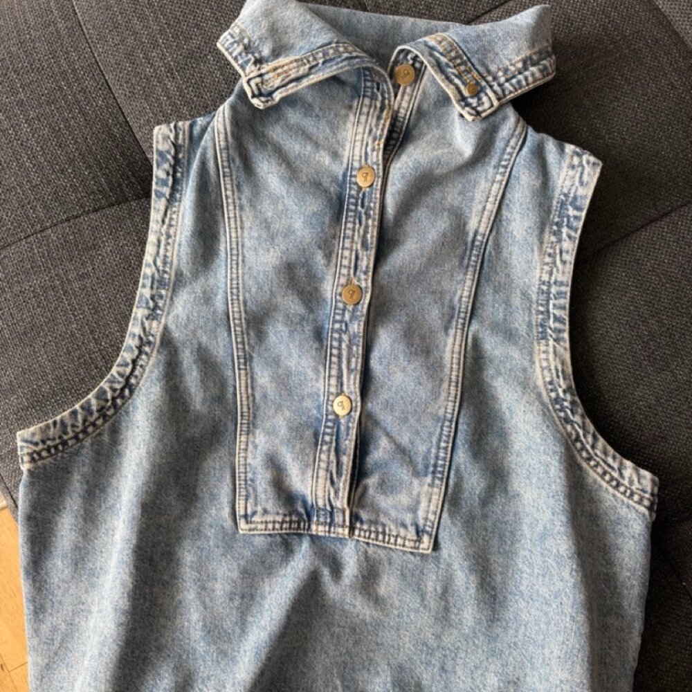 Pilcro Funnel Neck Denim Sleeveless Pullover With Drawstring Bubble Hem - L